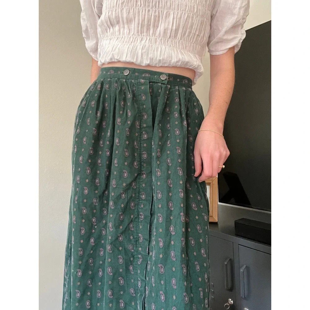 Vintage Eddie Bauer Midi Skirt Green Paisley Corduroy Button‎ Front Size 0/2